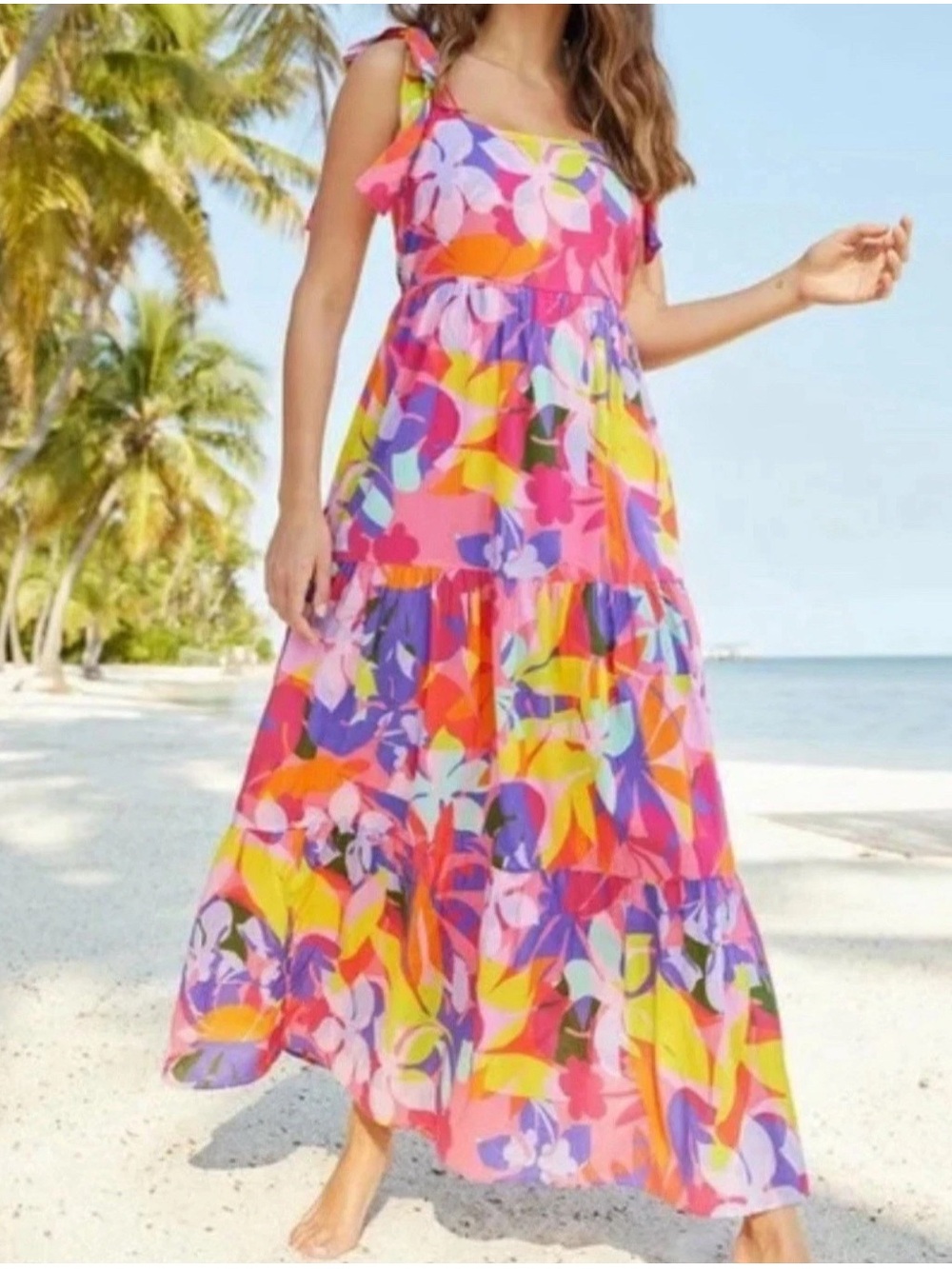 Jude Connally Rose Cotton Maxi Sun Dress Sz XL Kaleidoscope Floral Bows Tiered